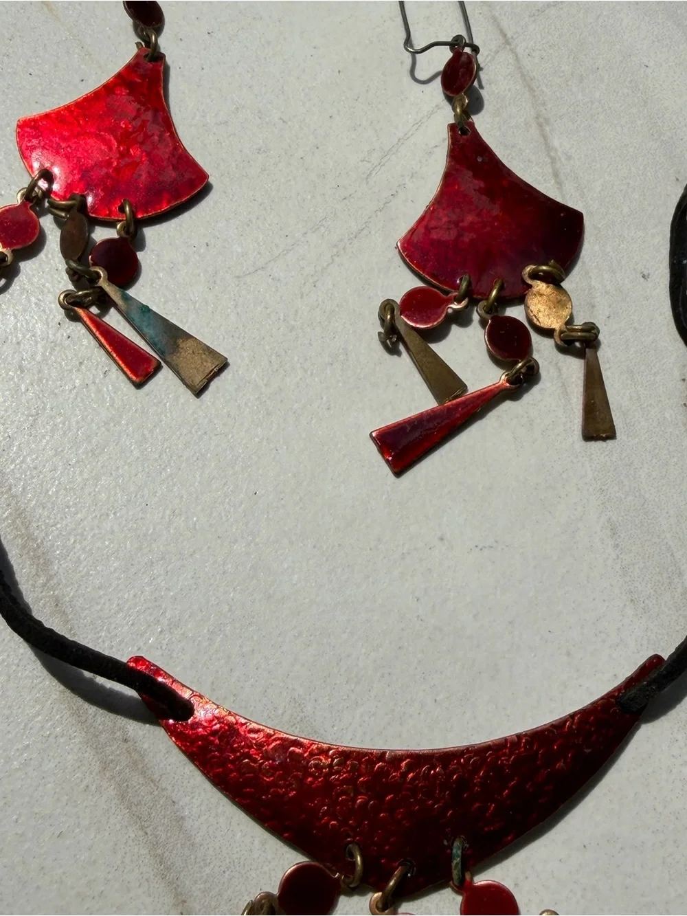 Red Enamel Dangle Necklace and Earring Set